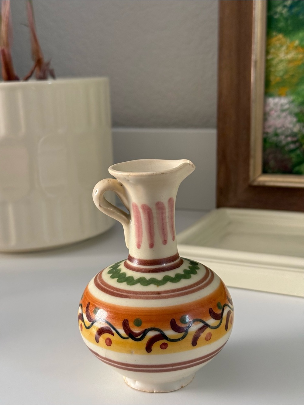 Vintage Signed Ceramic Mini Pitcher in Cream, Orange & Green
